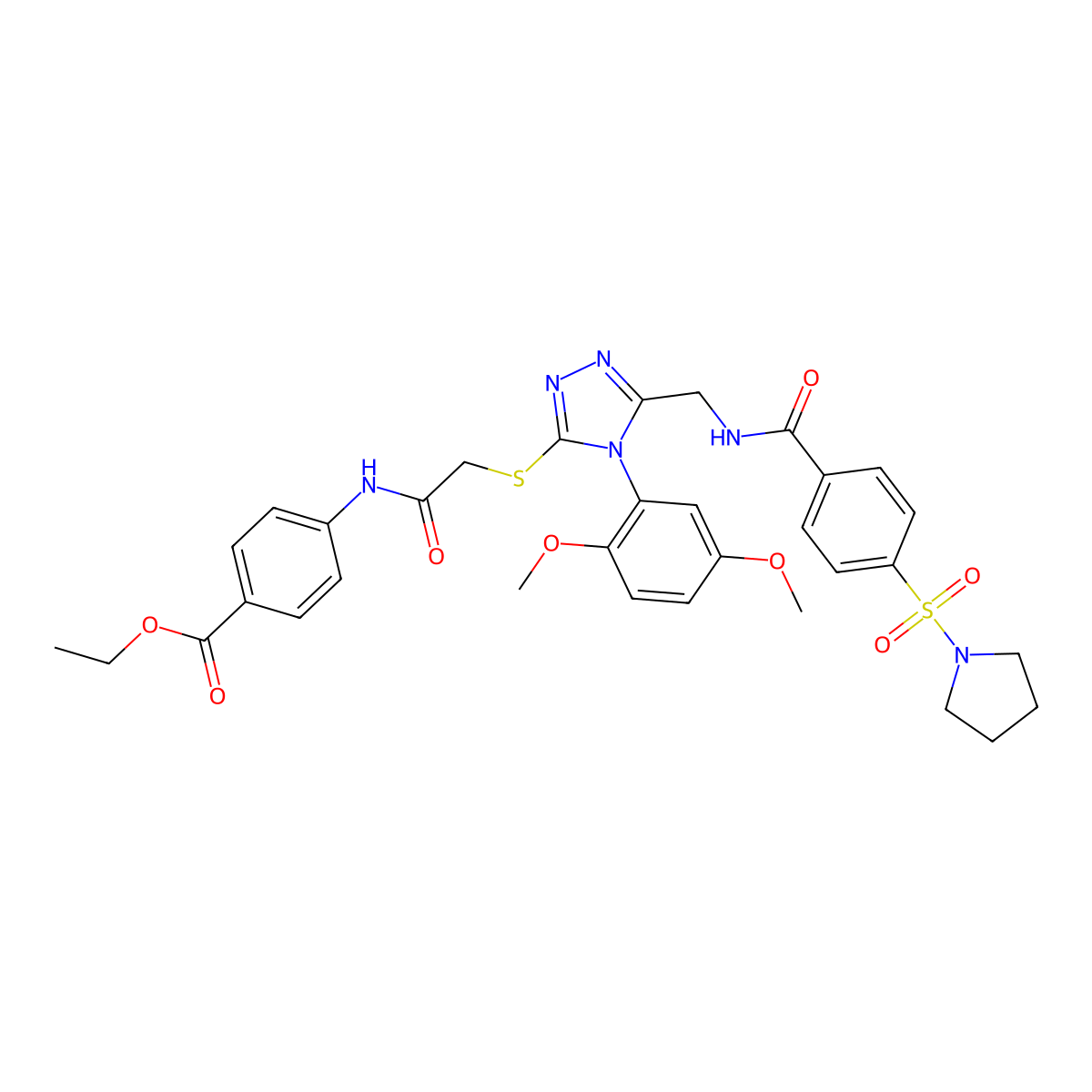 ethyl 4-(2-((4-(2,5-dimethoxyphenyl)-5-((4-(pyrrolidin-1-ylsulfonyl)benzamido)methyl)-4H-1,2,4-triazol-3-yl)thio)acetamido)benzoate molecular structure, CAS 394231-10-8
