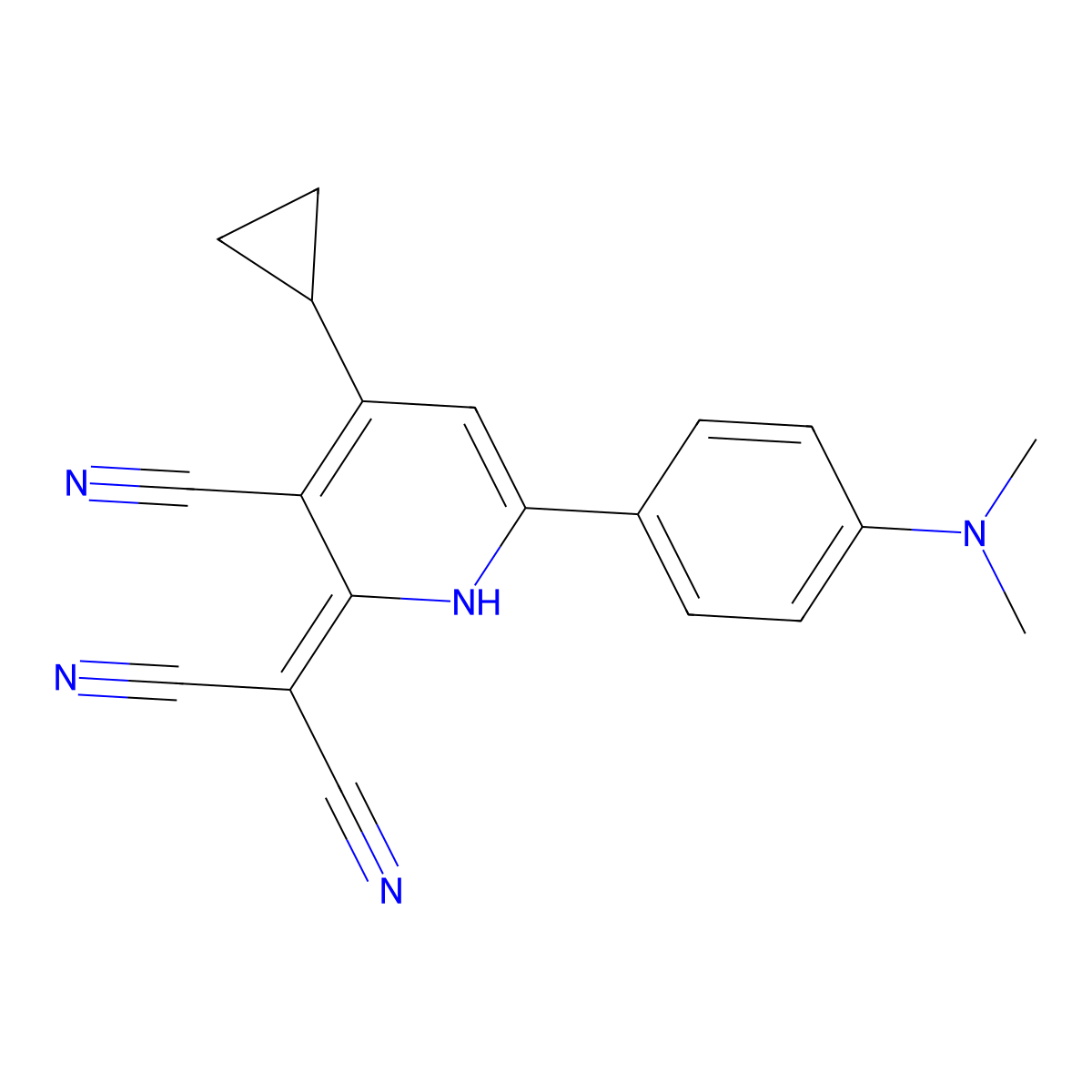 2-(3-cyano-4-cyclopropyl-6-(4-(dimethylamino)phenyl)pyridin-2(1H)-ylidene)malononitrile molecular structure, CAS 394231-26-6