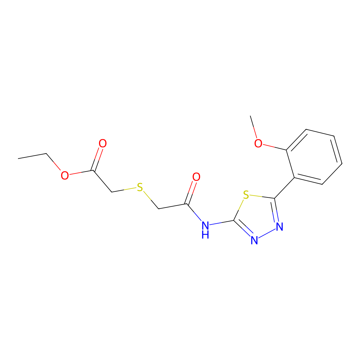 Ethyl 2-((2-((5-(2-methoxyphenyl)-1,3,4-thiadiazol-2-yl)amino)-2-oxoethyl)thio)acetate molecular structure, CAS 394231-70-0