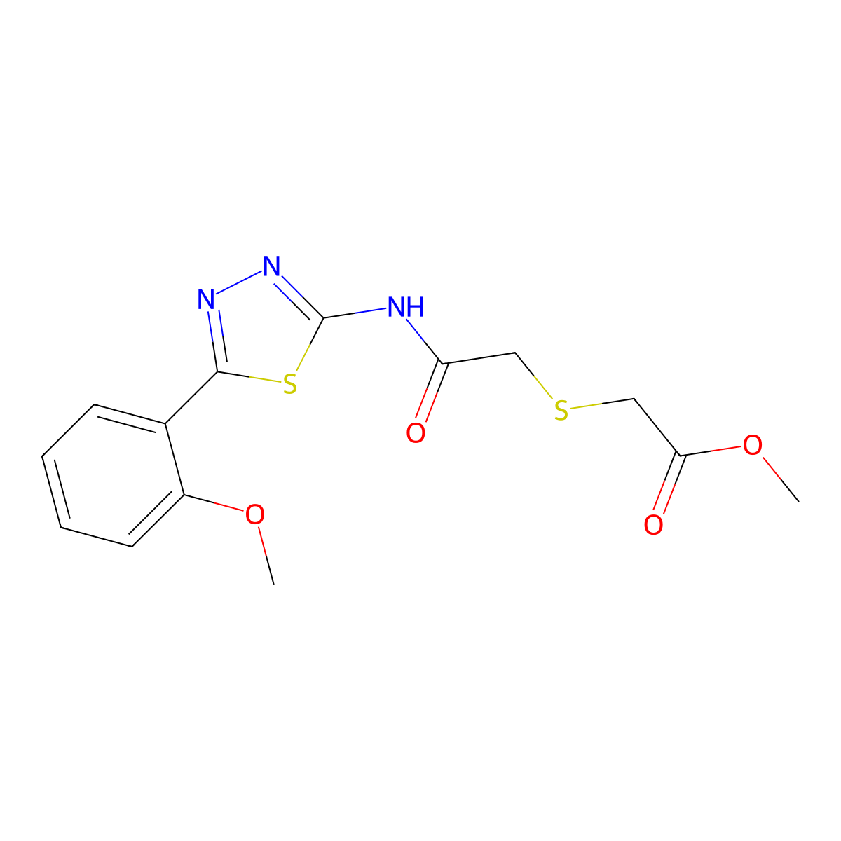 Methyl 2-((2-((5-(2-methoxyphenyl)-1,3,4-thiadiazol-2-yl)amino)-2-oxoethyl)thio)acetate molecular structure, CAS 394231-73-3