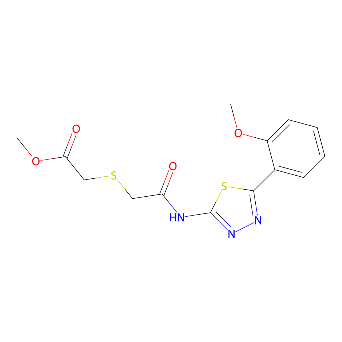 Methyl 2-((2-((5-(2-methoxyphenyl)-1,3,4-thiadiazol-2-yl)amino)-2-oxoethyl)thio)acetate molecular structure, CAS 394231-73-3
