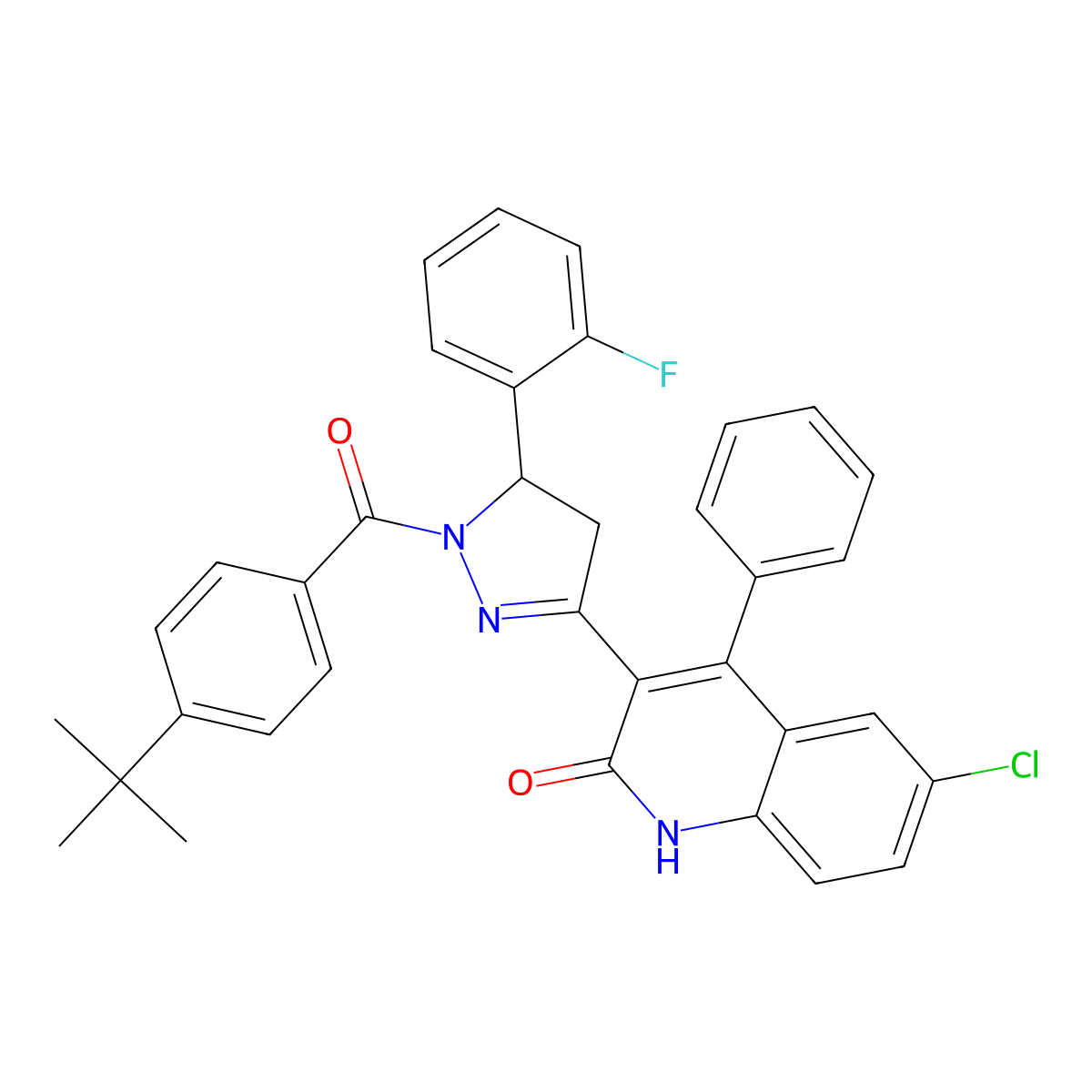 3-(1-(4-(tert-butyl)benzoyl)-5-(2-fluorophenyl)-4,5-dihydro-1H-pyrazol-3-yl)-6-chloro-4-phenylquinolin-2(1H)-one molecular structure, CAS 394231-77-7