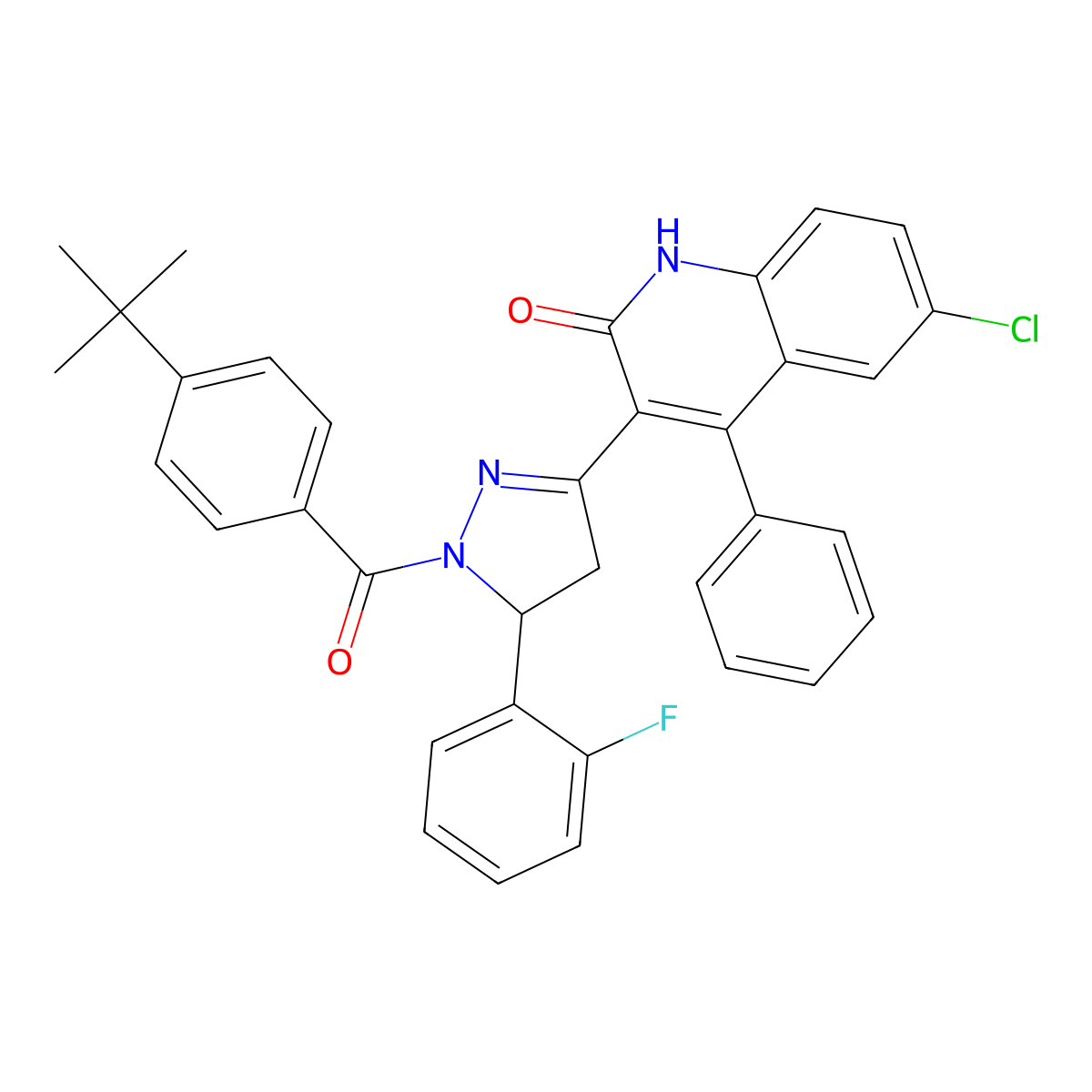 3-(1-(4-(tert-butyl)benzoyl)-5-(2-fluorophenyl)-4,5-dihydro-1H-pyrazol-3-yl)-6-chloro-4-phenylquinolin-2(1H)-one molecular structure, CAS 394231-77-7