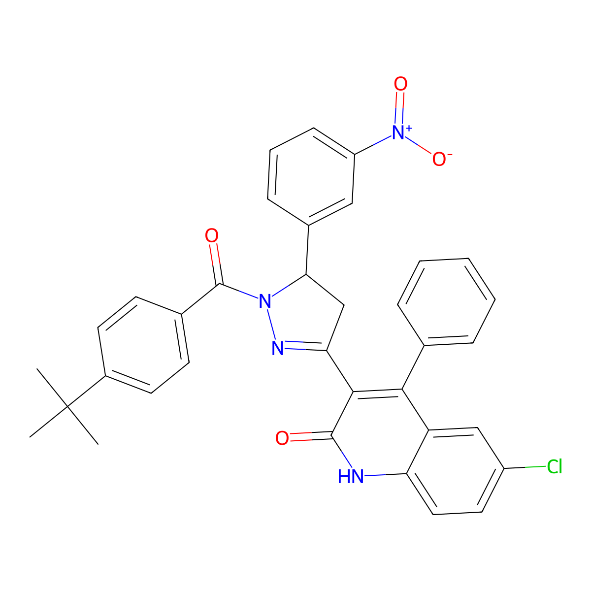 3-(1-(4-(tert-butyl)benzoyl)-5-(3-nitrophenyl)-4,5-dihydro-1H-pyrazol-3-yl)-6-chloro-4-phenylquinolin-2(1H)-one molecular structure, CAS 394231-80-2