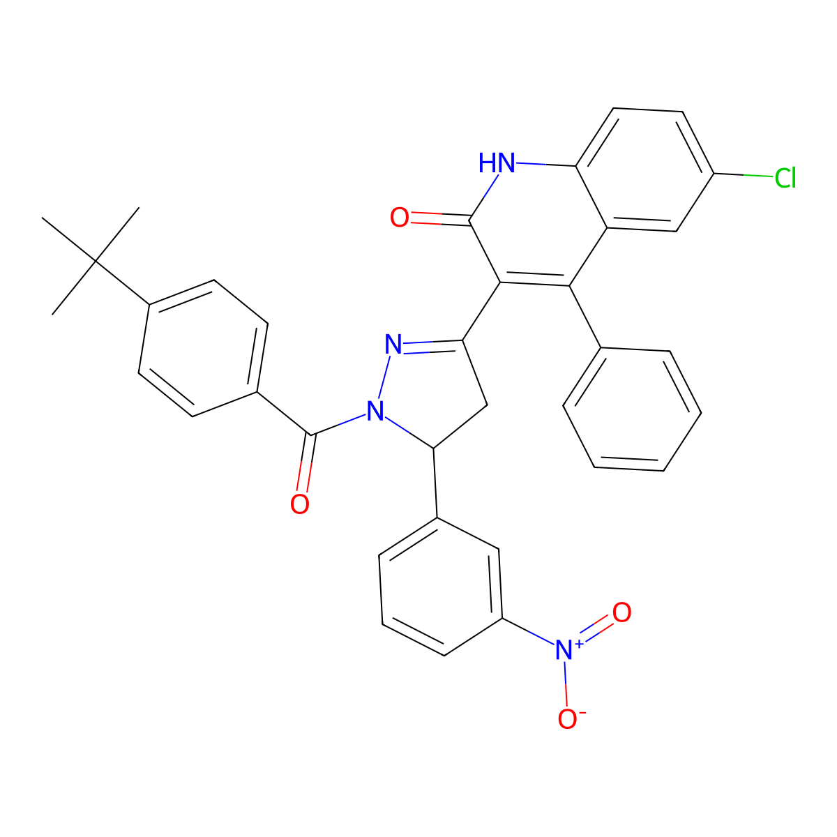 3-(1-(4-(tert-butyl)benzoyl)-5-(3-nitrophenyl)-4,5-dihydro-1H-pyrazol-3-yl)-6-chloro-4-phenylquinolin-2(1H)-one molecular structure, CAS 394231-80-2