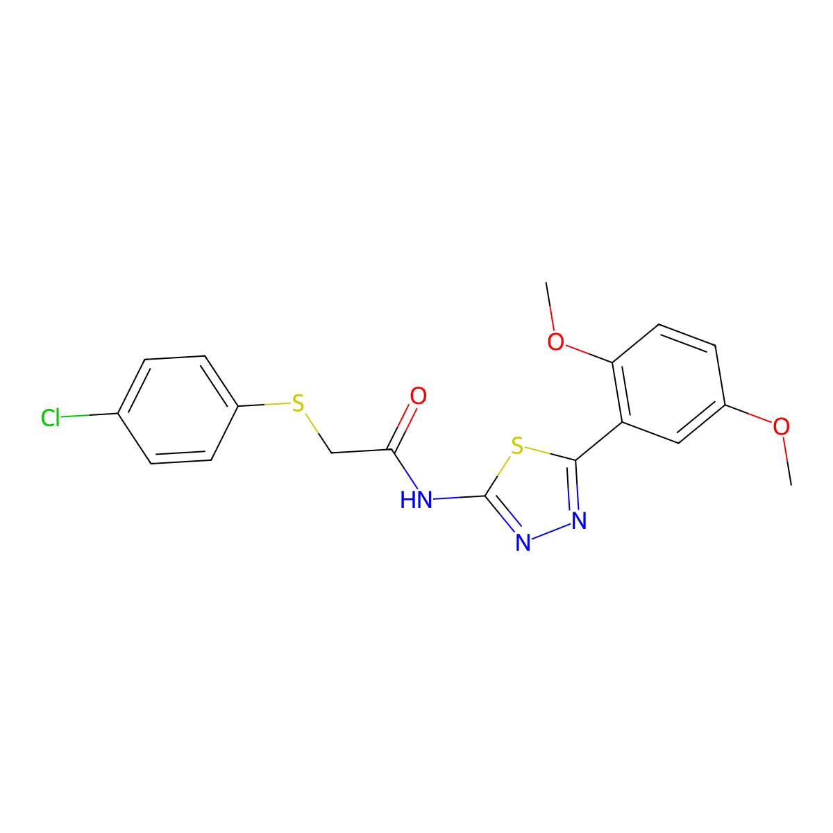 2-(4-chlorophenyl)sulfanyl-N-[5-(2,5-dimethoxyphenyl)-1,3,4-thiadiazol-2-yl]acetamide molecular structure, CAS 394232-17-8