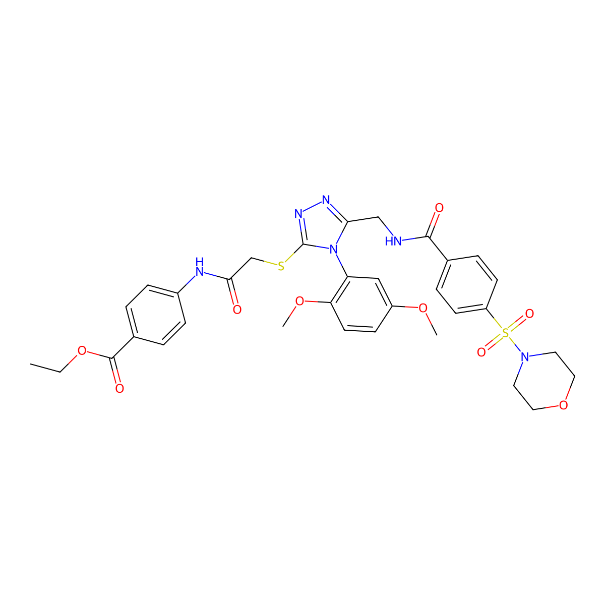 Ethyl 4-[[2-[[4-(2,5-dimethoxyphenyl)-5-[[(4-morpholin-4-ylsulfonylbenzoyl)amino]methyl]-1,2,4-triazol-3-yl]sulfanyl]acetyl]amino]benzoate molecular structure, CAS 394232-21-4
