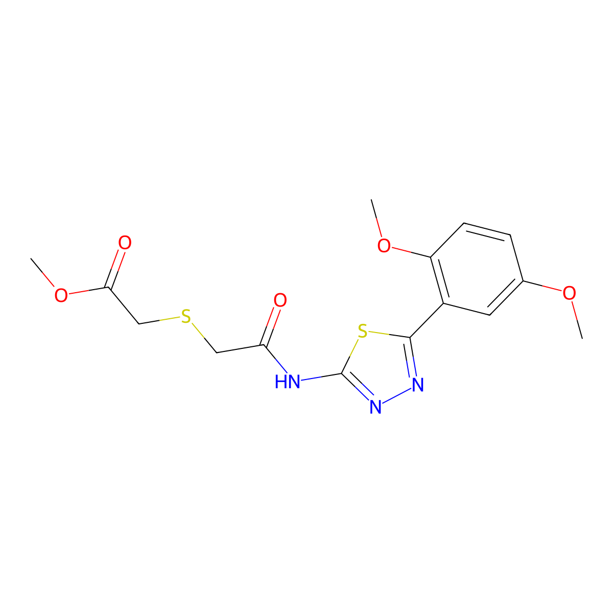 Methyl 2-[2-[[5-(2,5-dimethoxyphenyl)-1,3,4-thiadiazol-2-yl]amino]-2-oxoethyl]sulfanylacetate molecular structure, CAS 394232-24-7