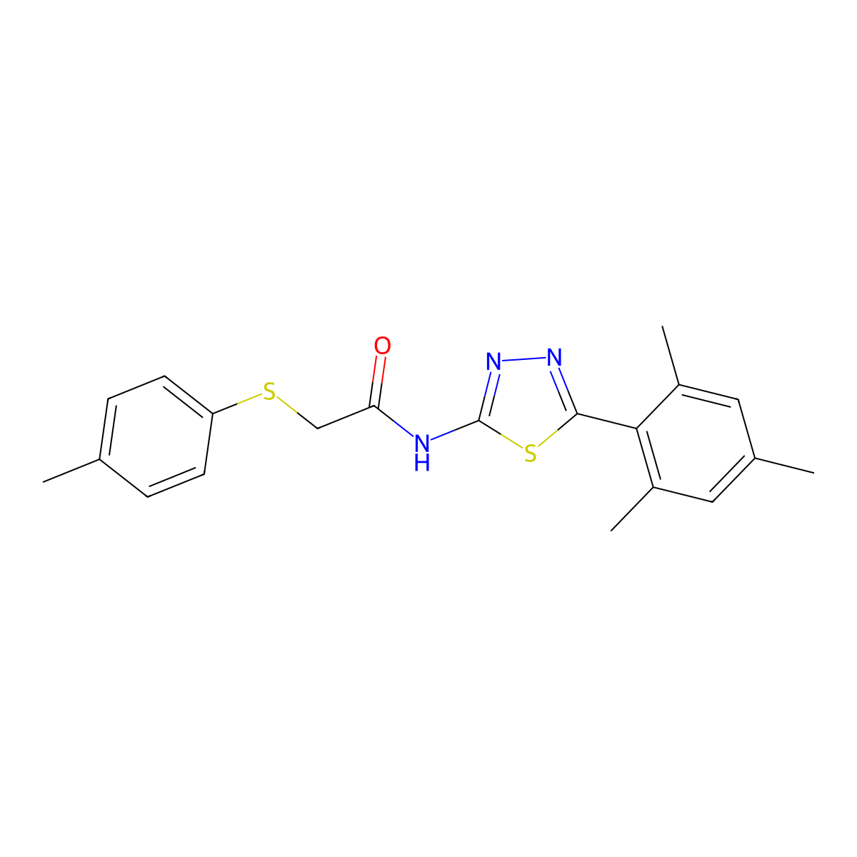 N-(5-mesityl-1,3,4-thiadiazol-2-yl)-2-(p-tolylthio)acetamide molecular structure, CAS 394232-46-3