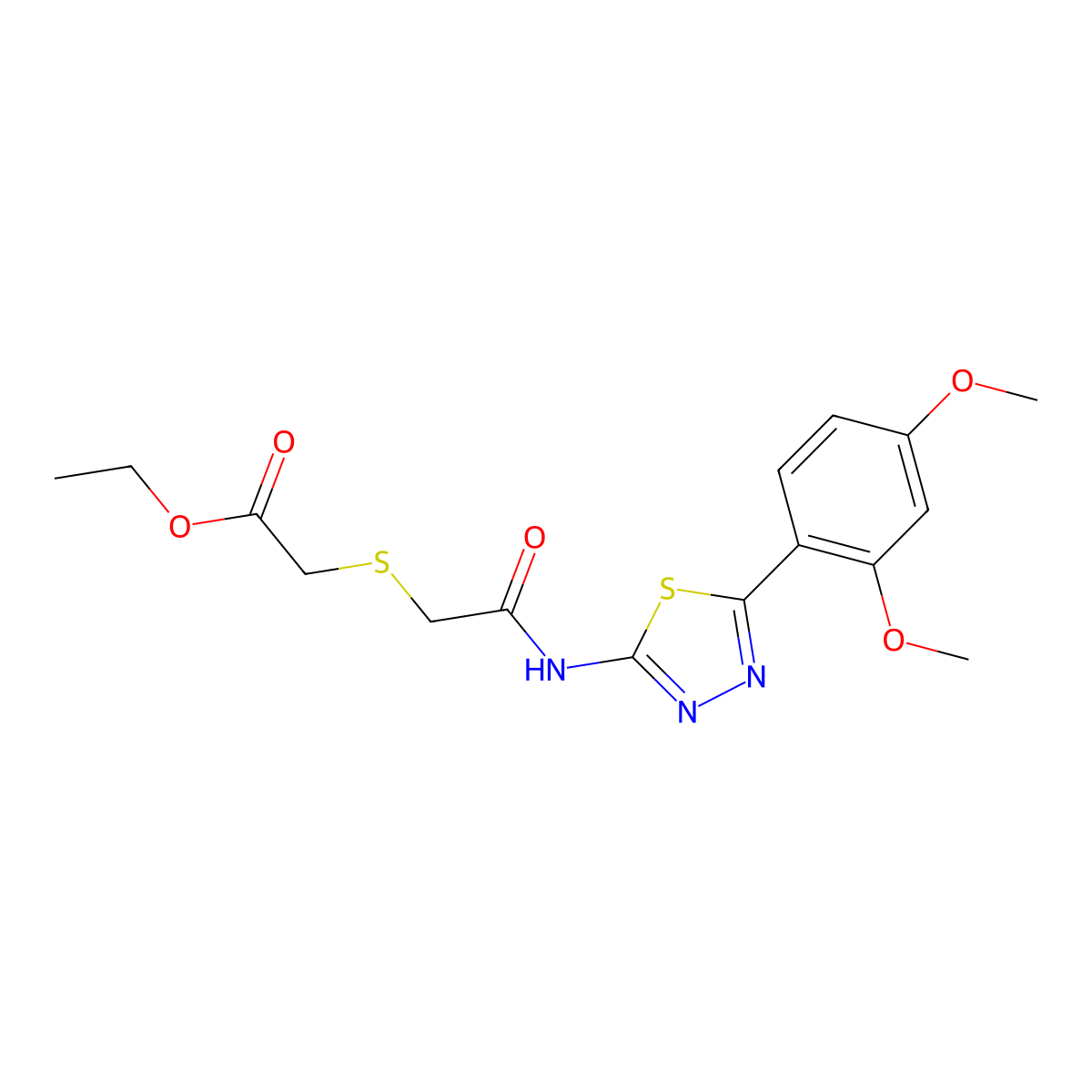 Ethyl 2-((2-((5-(2,4-dimethoxyphenyl)-1,3,4-thiadiazol-2-yl)amino)-2-oxoethyl)thio)acetate molecular structure, CAS 394232-92-9