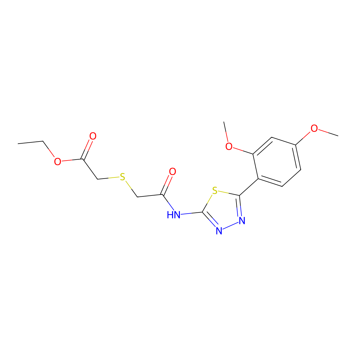 Ethyl 2-((2-((5-(2,4-dimethoxyphenyl)-1,3,4-thiadiazol-2-yl)amino)-2-oxoethyl)thio)acetate molecular structure, CAS 394232-92-9