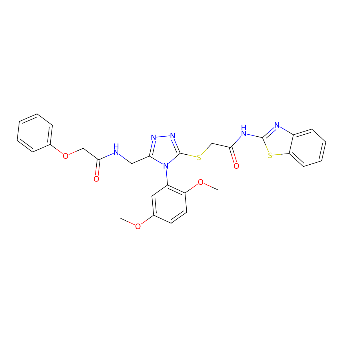 N-(benzo[d]thiazol-2-yl)-2-((4-(2,5-dimethoxyphenyl)-5-((2-phenoxyacetamido)methyl)-4H-1,2,4-triazol-3-yl)thio)acetamide molecular structure, CAS 394233-04-6