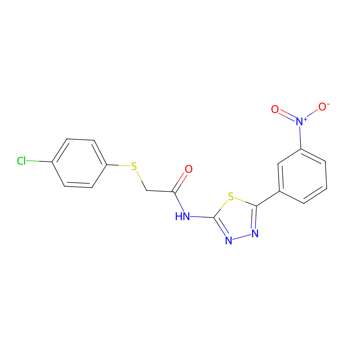 2-((4-chlorophenyl)thio)-N-(5-(3-nitrophenyl)-1,3,4-thiadiazol-2-yl)acetamide molecular structure, CAS 394233-21-7