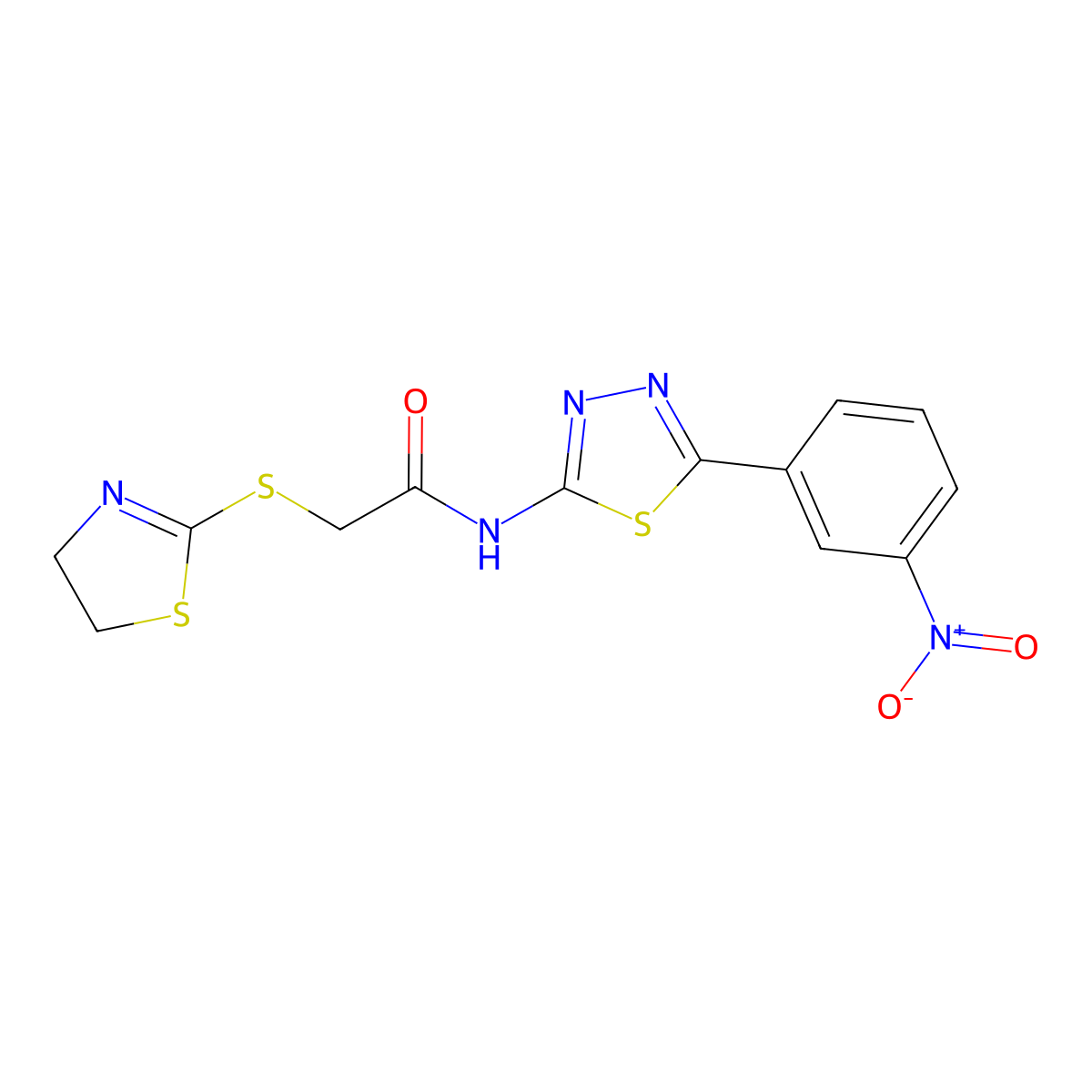 2-(4,5-dihydro-1,3-thiazol-2-ylsulfanyl)-N-[5-(3-nitrophenyl)-1,3,4-thiadiazol-2-yl]acetamide molecular structure, CAS 394233-29-5