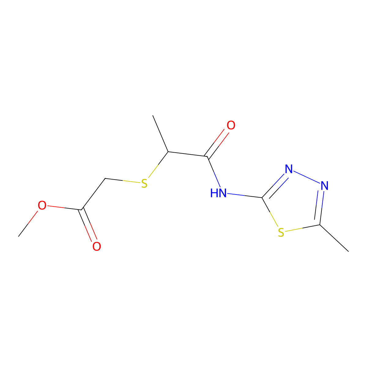 Methyl 2-((1-((5-methyl-1,3,4-thiadiazol-2-yl)amino)-1-oxopropan-2-yl)thio)acetate molecular structure, CAS 394233-47-7