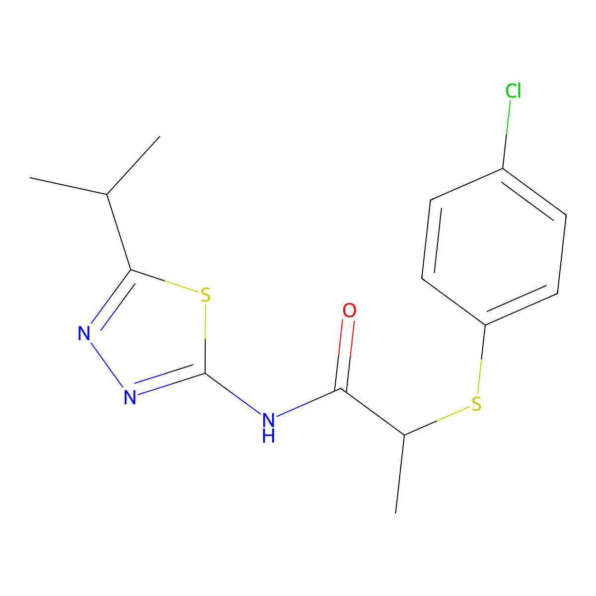 2-((4-chlorophenyl)thio)-N-(5-isopropyl-1,3,4-thiadiazol-2-yl)propanamide molecular structure, CAS 394233-82-0