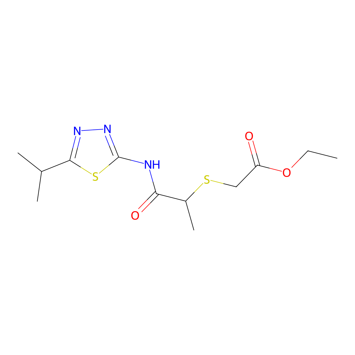 Ethyl 2-((1-((5-isopropyl-1,3,4-thiadiazol-2-yl)amino)-1-oxopropan-2-yl)thio)acetate molecular structure, CAS 394233-88-6