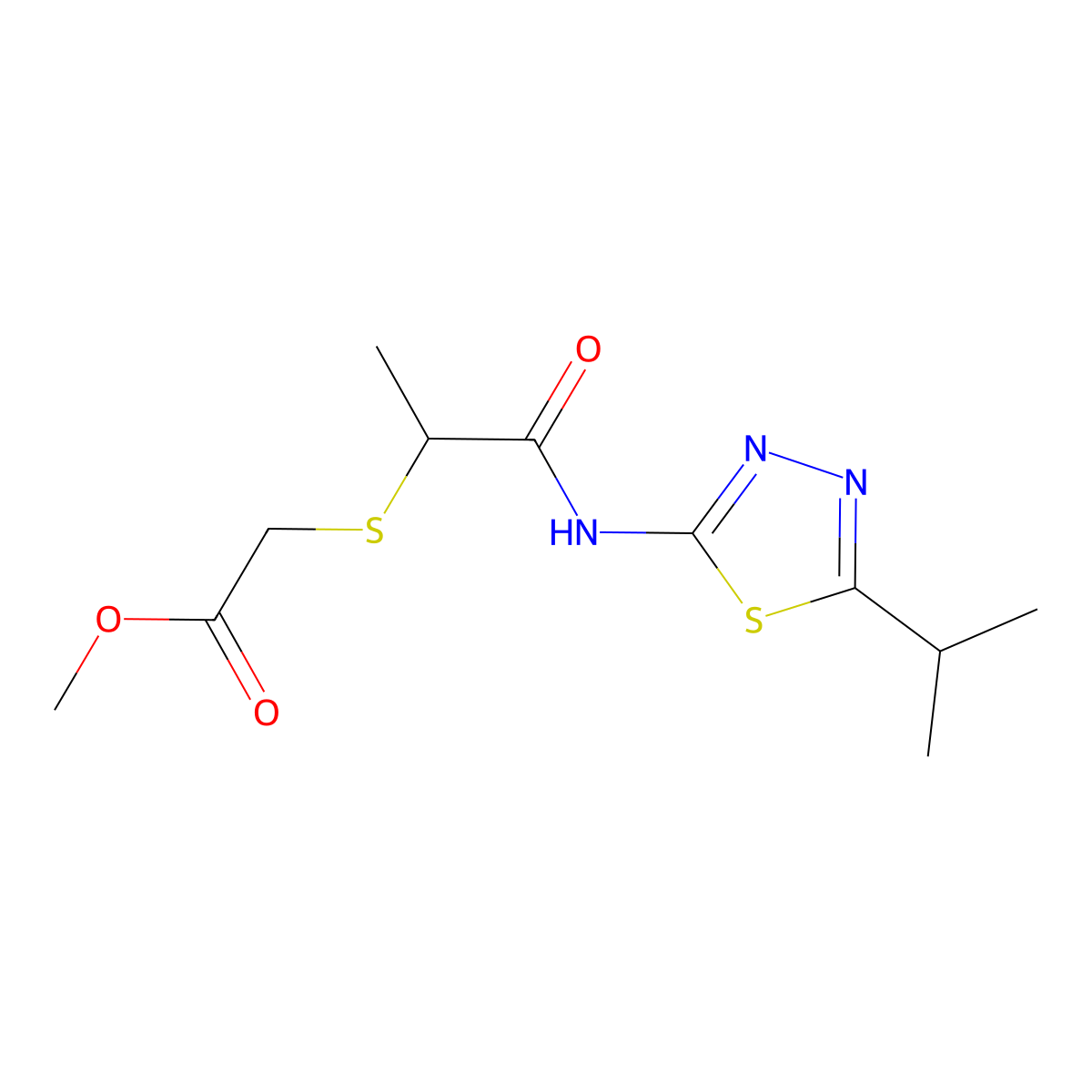 Methyl 2-((1-((5-isopropyl-1,3,4-thiadiazol-2-yl)amino)-1-oxopropan-2-yl)thio)acetate molecular structure, CAS 394233-89-7