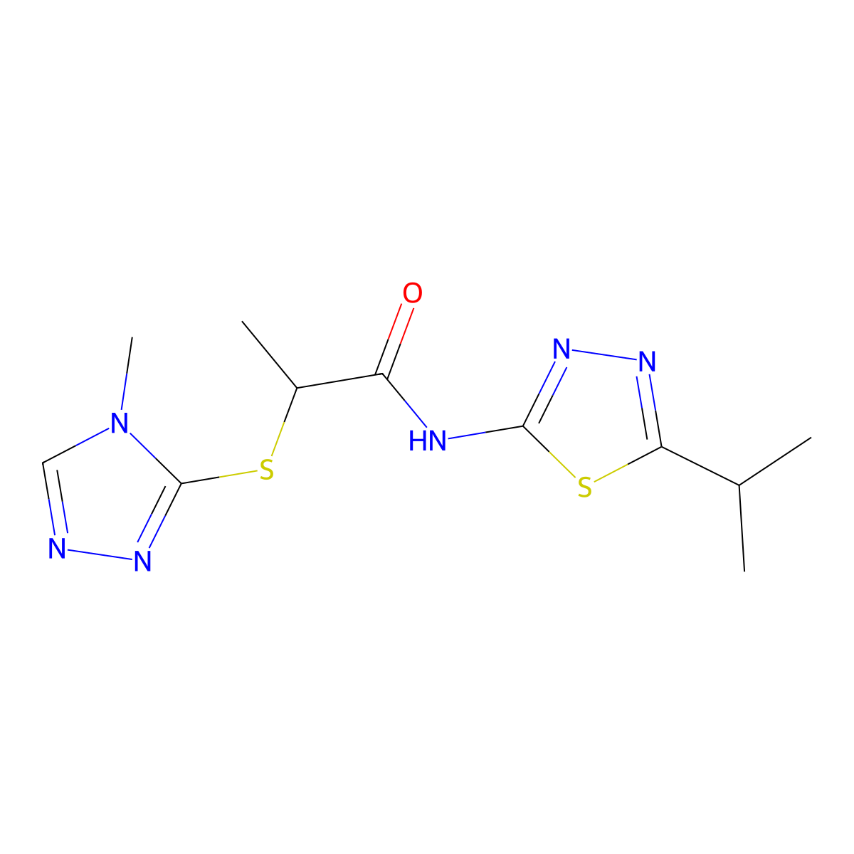 2-[(4-methyl-1,2,4-triazol-3-yl)sulfanyl]-N-(5-propan-2-yl-1,3,4-thiadiazol-2-yl)propanamide molecular structure, CAS 394233-93-3