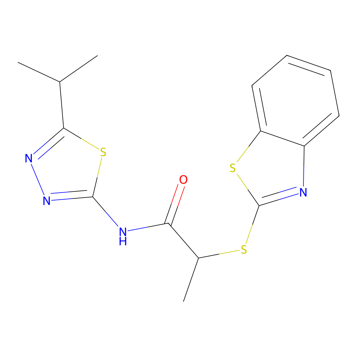 2-(benzo[d]thiazol-2-ylthio)-N-(5-isopropyl-1,3,4-thiadiazol-2-yl)propanamide molecular structure, CAS 394233-95-5