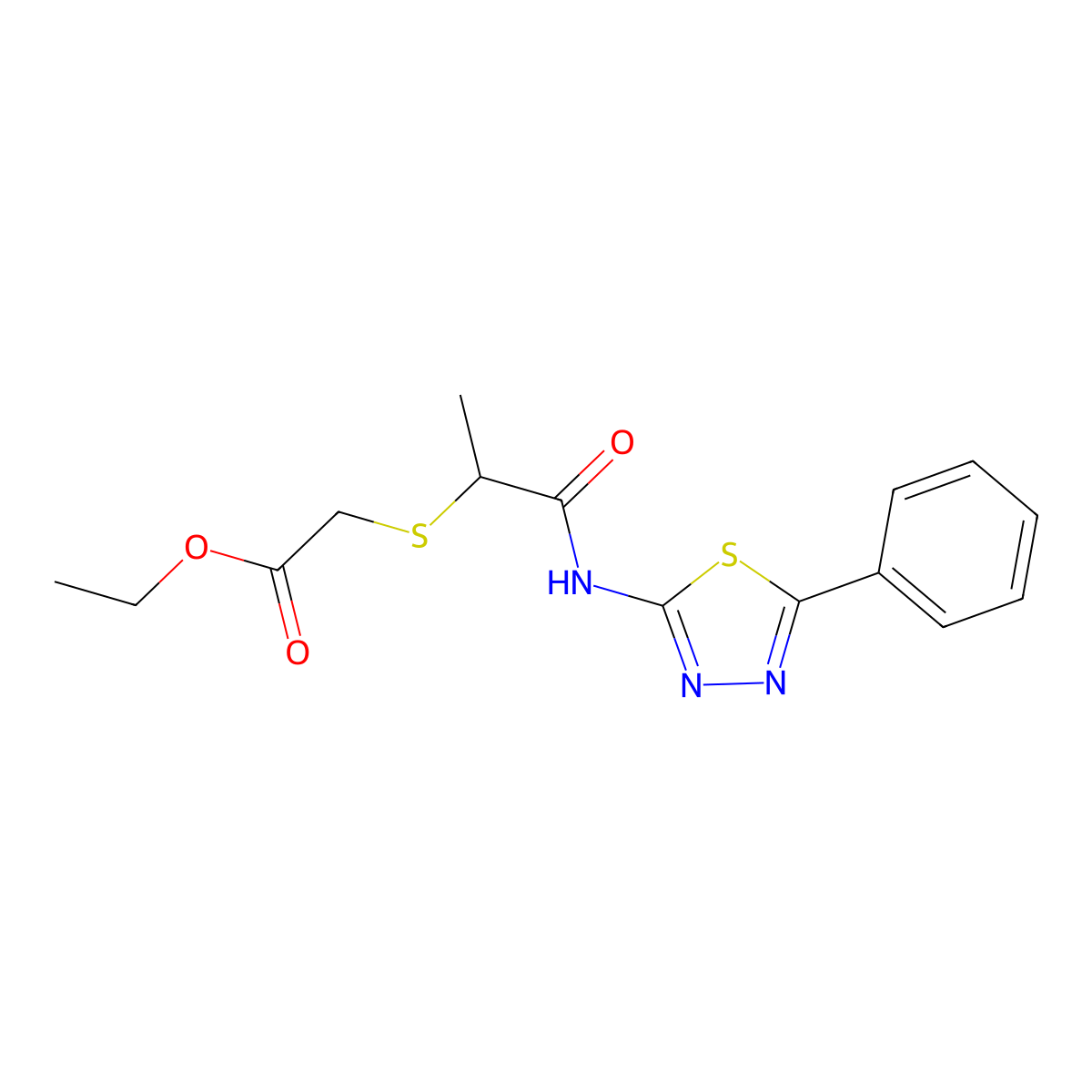 Ethyl 2-((1-oxo-1-((5-phenyl-1,3,4-thiadiazol-2-yl)amino)propan-2-yl)thio)acetate molecular structure, CAS 394234-01-6