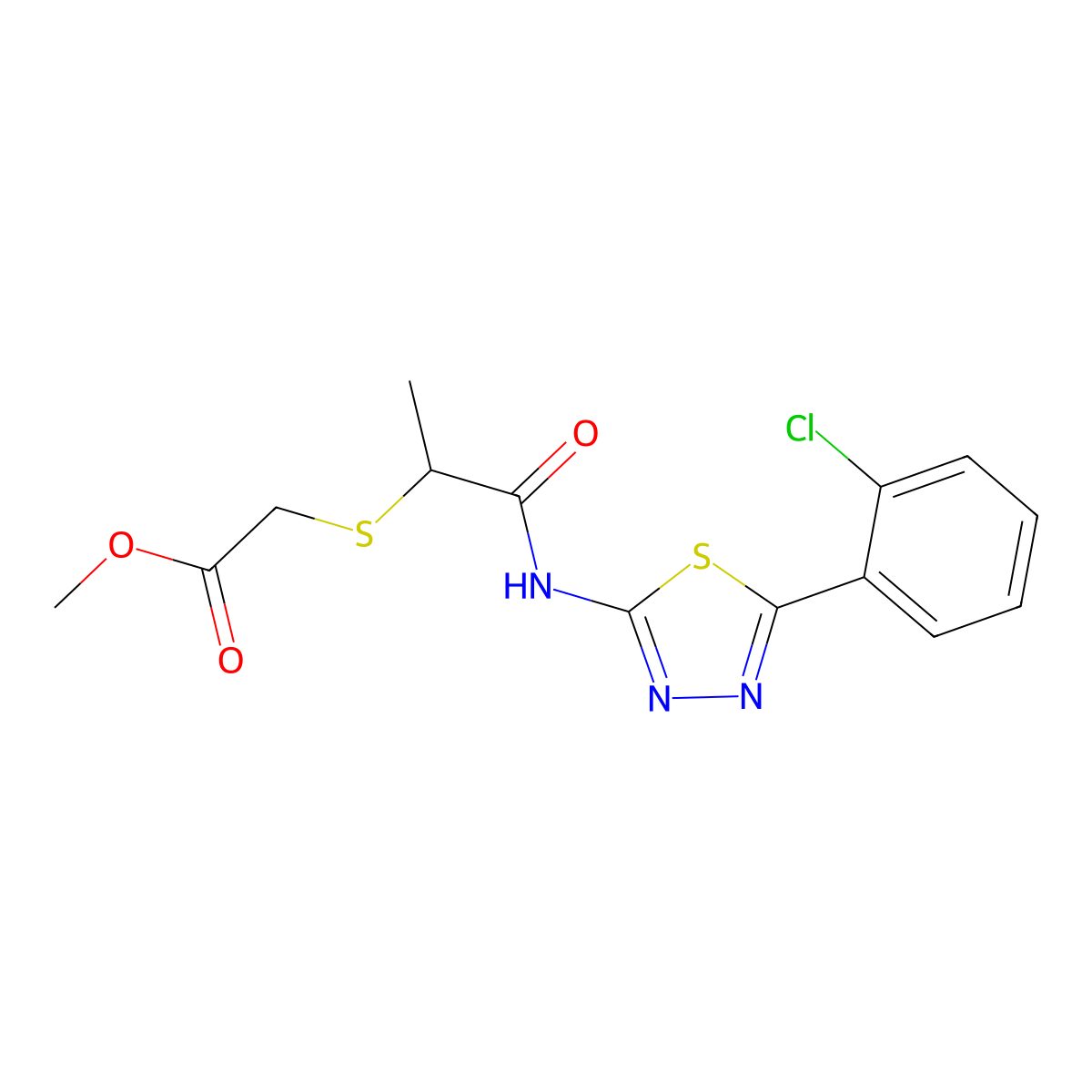 Methyl 2-((1-((5-(2-chlorophenyl)-1,3,4-thiadiazol-2-yl)amino)-1-oxopropan-2-yl)thio)acetate molecular structure, CAS 394234-14-1