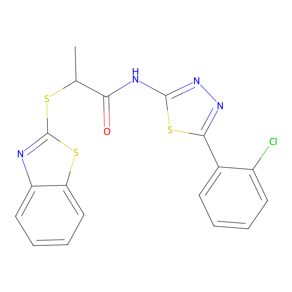 2-(1,3-benzothiazol-2-ylsulfanyl)-N-[5-(2-chlorophenyl)-1,3,4-thiadiazol-2-yl]propanamide molecular structure, CAS 394234-16-3