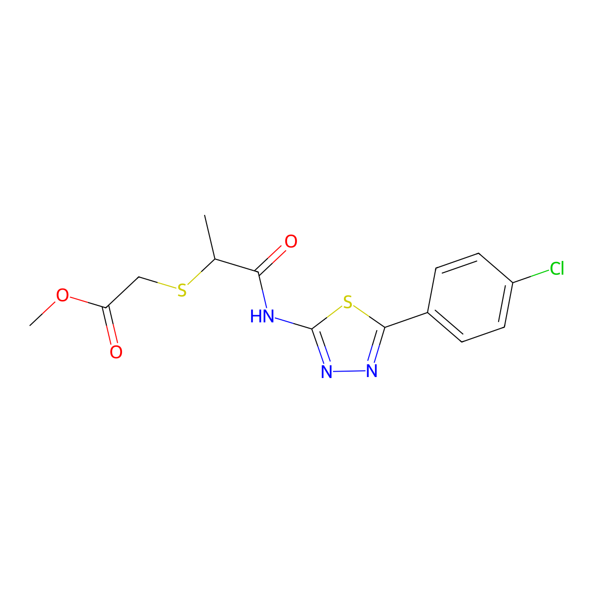 Methyl 2-((1-((5-(4-chlorophenyl)-1,3,4-thiadiazol-2-yl)amino)-1-oxopropan-2-yl)thio)acetate molecular structure, CAS 394234-23-2