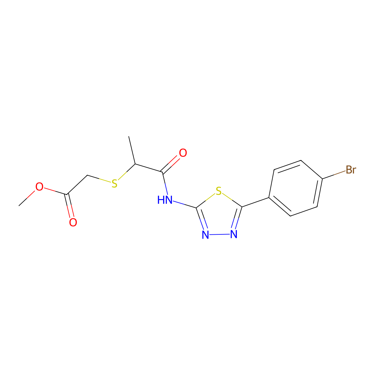 Methyl 2-((1-((5-(4-bromophenyl)-1,3,4-thiadiazol-2-yl)amino)-1-oxopropan-2-yl)thio)acetate molecular structure, CAS 394234-35-6