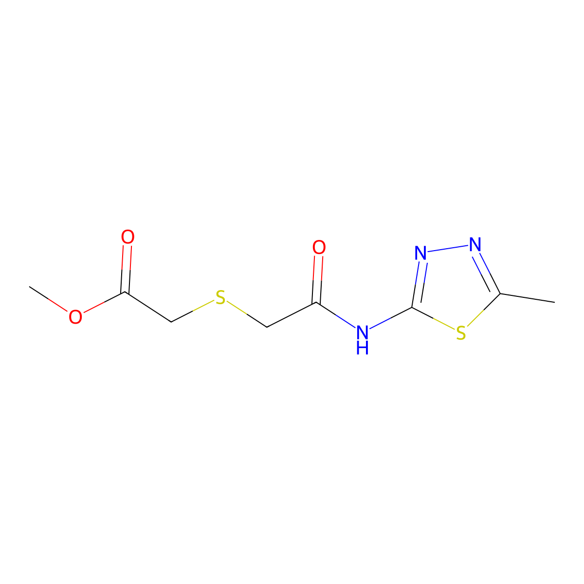 Methyl 2-((2-((5-methyl-1,3,4-thiadiazol-2-yl)amino)-2-oxoethyl)thio)acetate molecular structure, CAS 394234-36-7