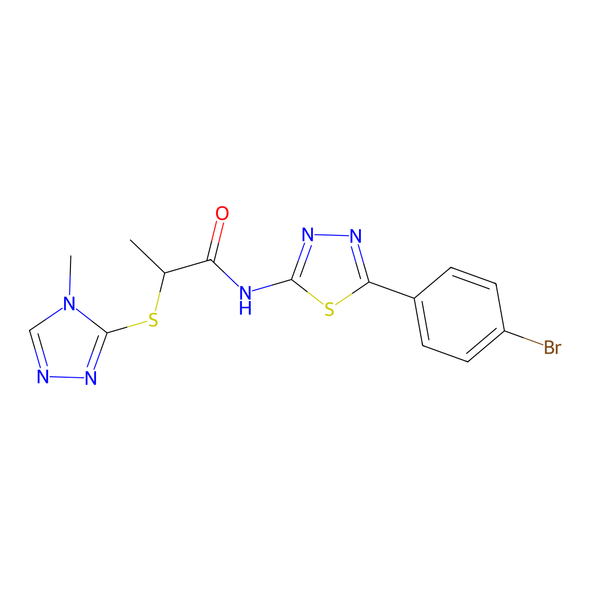 N-(5-(4-bromophenyl)-1,3,4-thiadiazol-2-yl)-2-((4-methyl-4H-1,2,4-triazol-3-yl)thio)propanamide molecular structure, CAS 394234-39-0