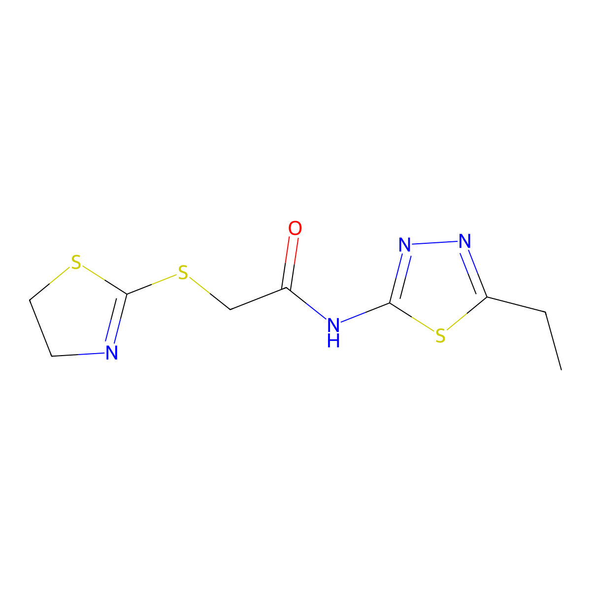 2-(4,5-dihydro-1,3-thiazol-2-ylsulfanyl)-N-(5-ethyl-1,3,4-thiadiazol-2-yl)acetamide molecular structure, CAS 394234-44-7