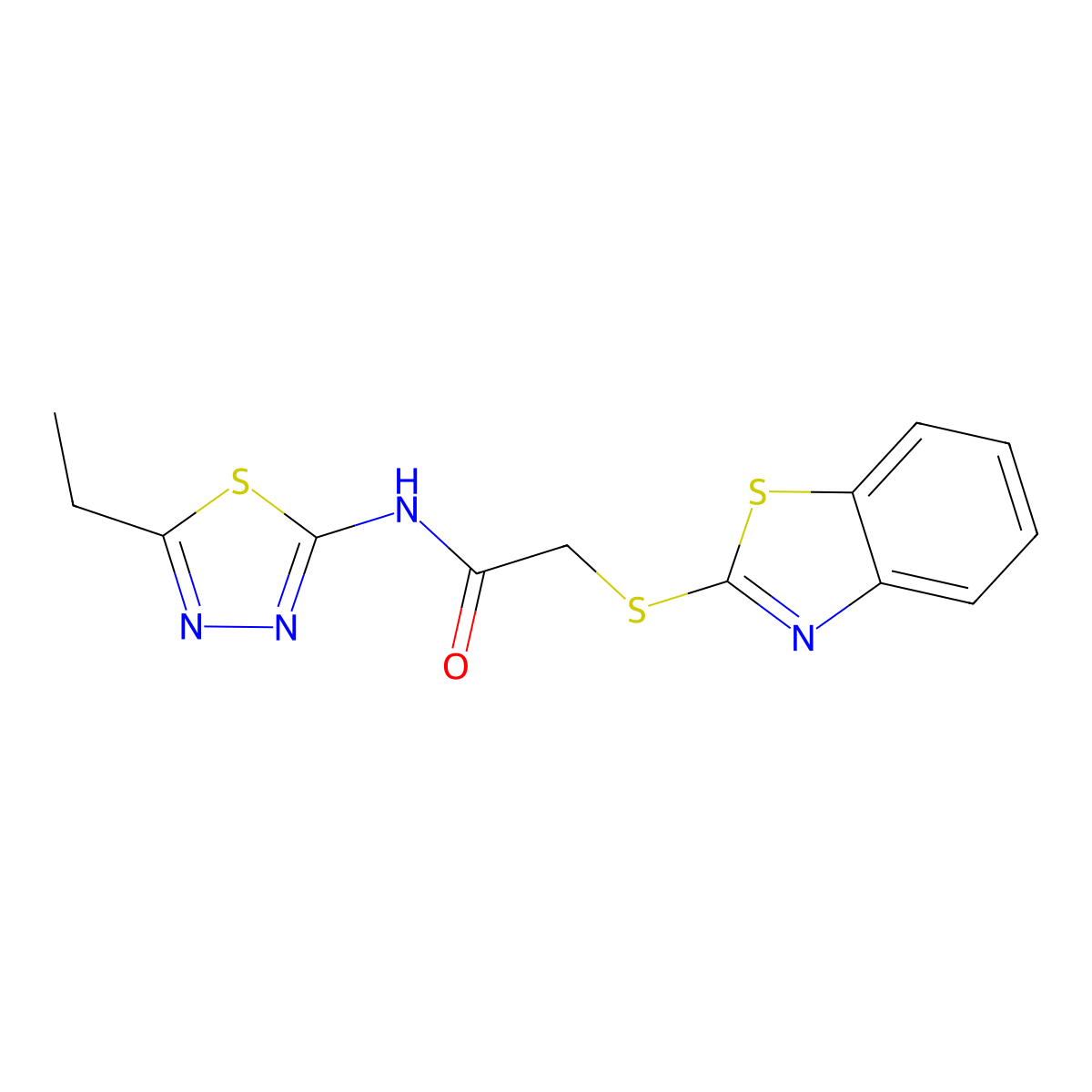 2-(1,3-benzothiazol-2-ylsulfanyl)-N-(5-ethyl-1,3,4-thiadiazol-2-yl)acetamide molecular structure, CAS 394234-47-0