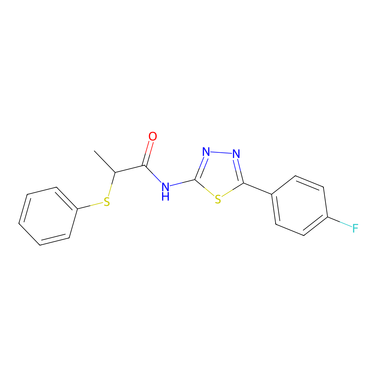N-(5-(4-fluorophenyl)-1,3,4-thiadiazol-2-yl)-2-(phenylthio)propanamide molecular structure, CAS 394234-50-5