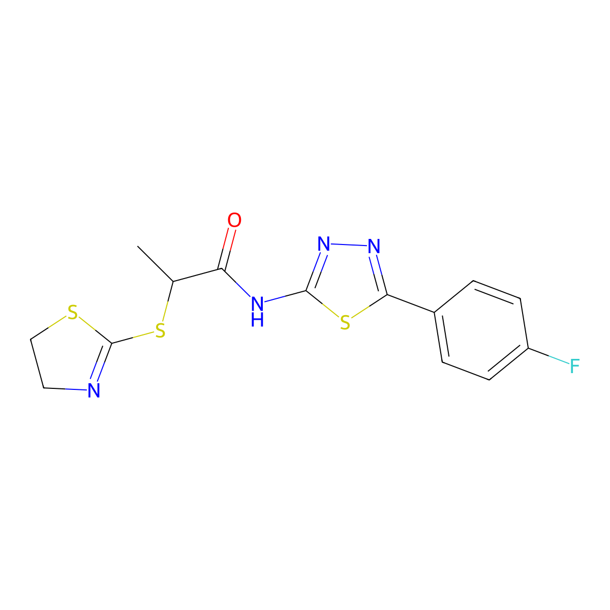 2-((4,5-dihydrothiazol-2-yl)thio)-N-(5-(4-fluorophenyl)-1,3,4-thiadiazol-2-yl)propanamide molecular structure, CAS 394234-60-7
