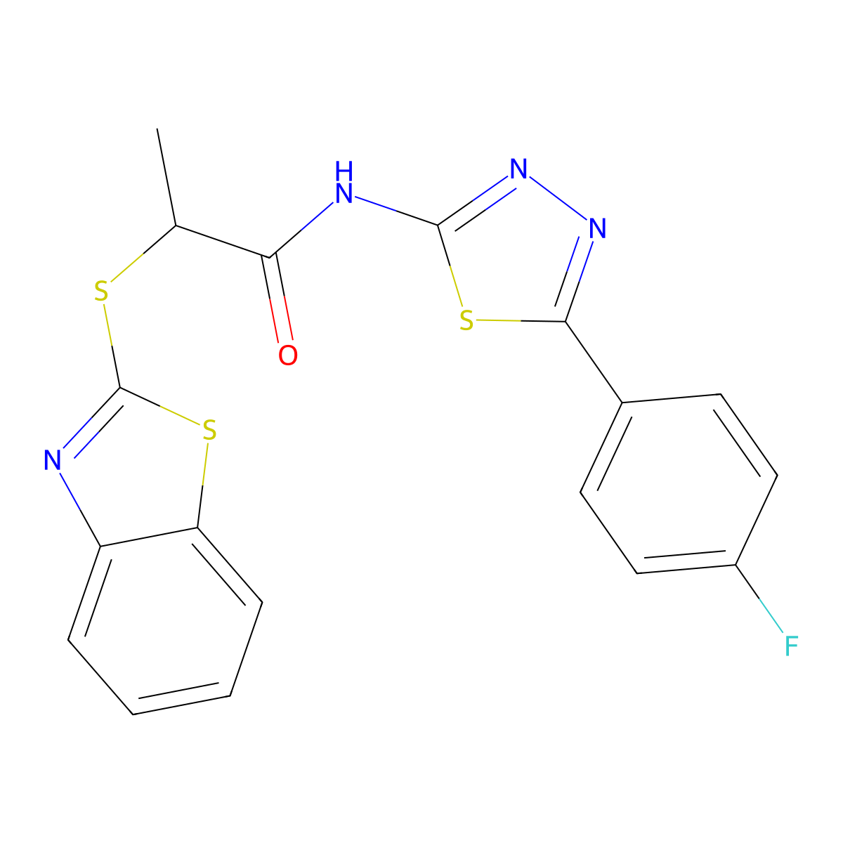 2-(1,3-benzothiazol-2-ylsulfanyl)-N-[5-(4-fluorophenyl)-1,3,4-thiadiazol-2-yl]propanamide molecular structure, CAS 394234-64-1