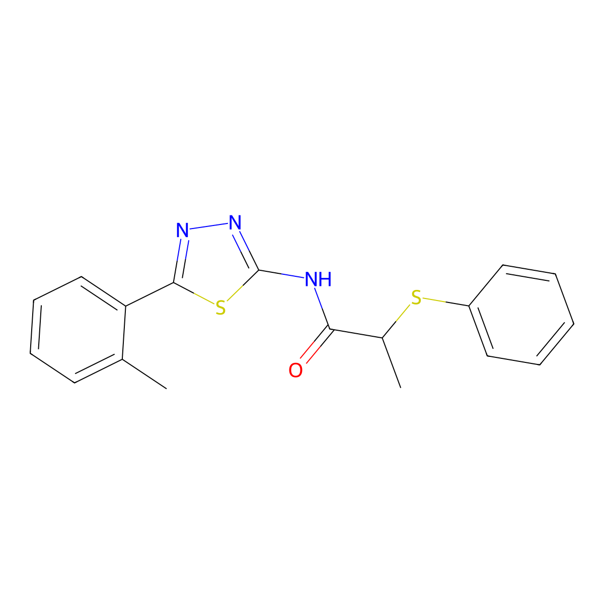 2-(phenylthio)-N-(5-(o-tolyl)-1,3,4-thiadiazol-2-yl)propanamide molecular structure, CAS 394234-70-9