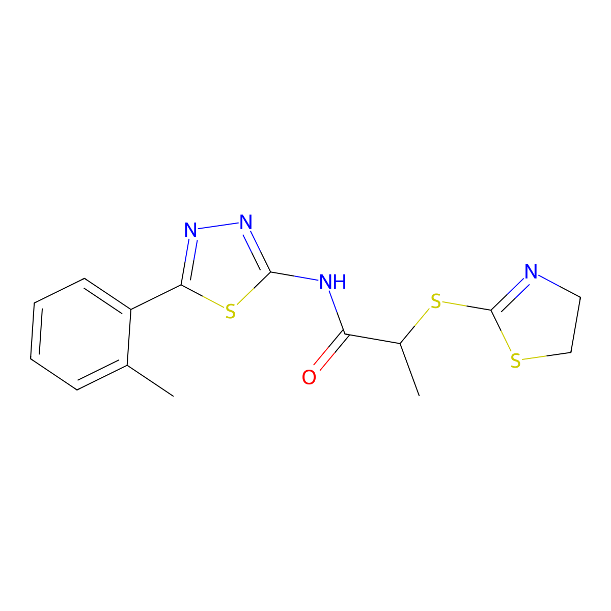 2-(4,5-dihydro-1,3-thiazol-2-ylsulfanyl)-N-[5-(2-methylphenyl)-1,3,4-thiadiazol-2-yl]propanamide molecular structure, CAS 394234-80-1