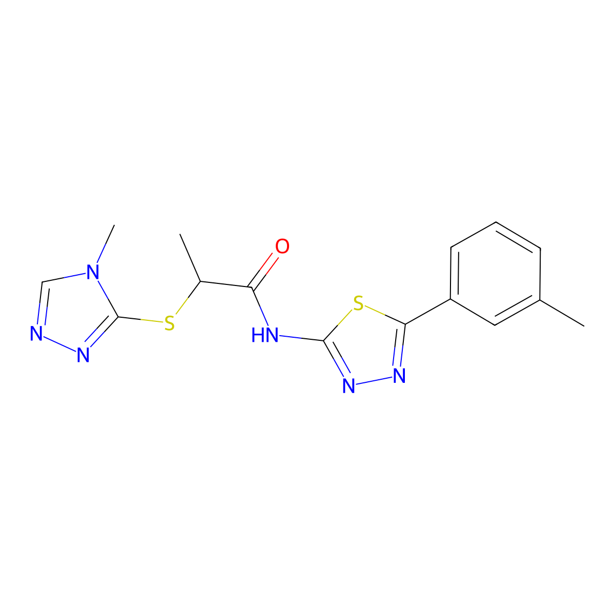 2-((4-methyl-4H-1,2,4-triazol-3-yl)thio)-N-(5-(m-tolyl)-1,3,4-thiadiazol-2-yl)propanamide molecular structure, CAS 394235-05-3
