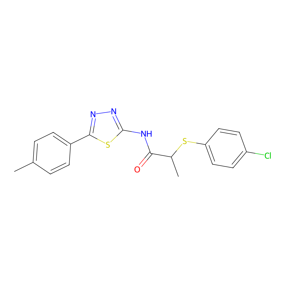 2-((4-chlorophenyl)thio)-N-(5-(p-tolyl)-1,3,4-thiadiazol-2-yl)propanamide molecular structure, CAS 394235-16-6