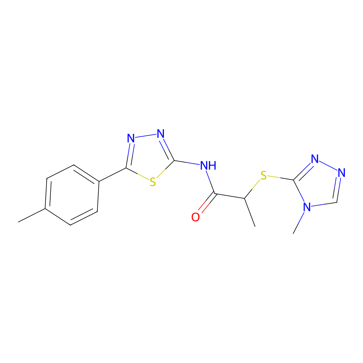2-((4-methyl-4H-1,2,4-triazol-3-yl)thio)-N-(5-(p-tolyl)-1,3,4-thiadiazol-2-yl)propanamide molecular structure, CAS 394235-27-9