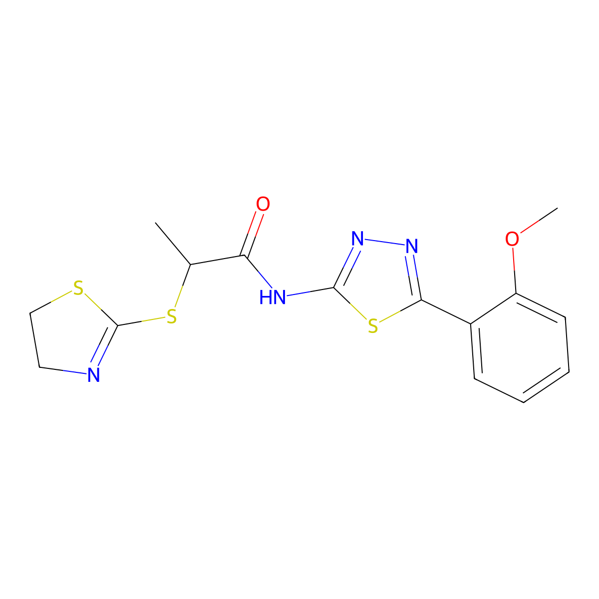 2-(4,5-dihydro-1,3-thiazol-2-ylsulfanyl)-N-[5-(2-methoxyphenyl)-1,3,4-thiadiazol-2-yl]propanamide molecular structure, CAS 394235-46-2