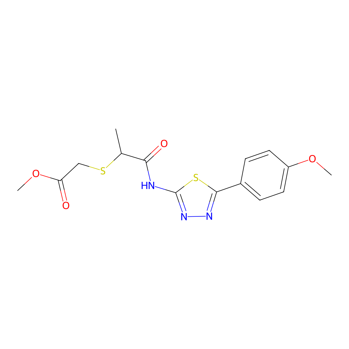 Methyl 2-((1-((5-(4-methoxyphenyl)-1,3,4-thiadiazol-2-yl)amino)-1-oxopropan-2-yl)thio)acetate molecular structure, CAS 394235-62-2