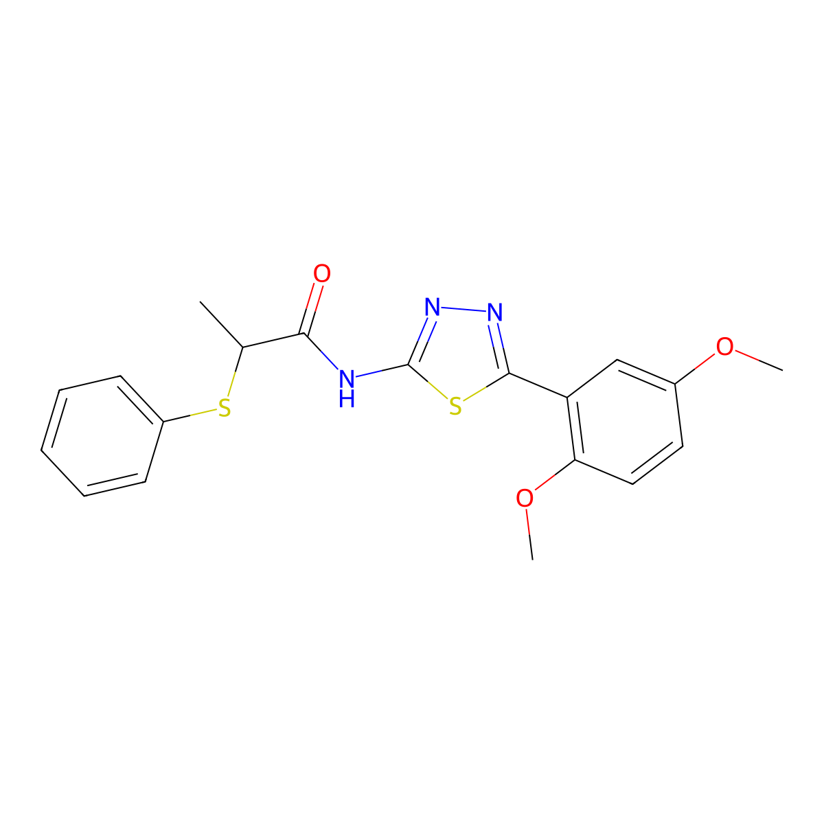 N-[5-(2,5-dimethoxyphenyl)-1,3,4-thiadiazol-2-yl]-2-phenylsulfanylpropanamide molecular structure, CAS 394235-68-8