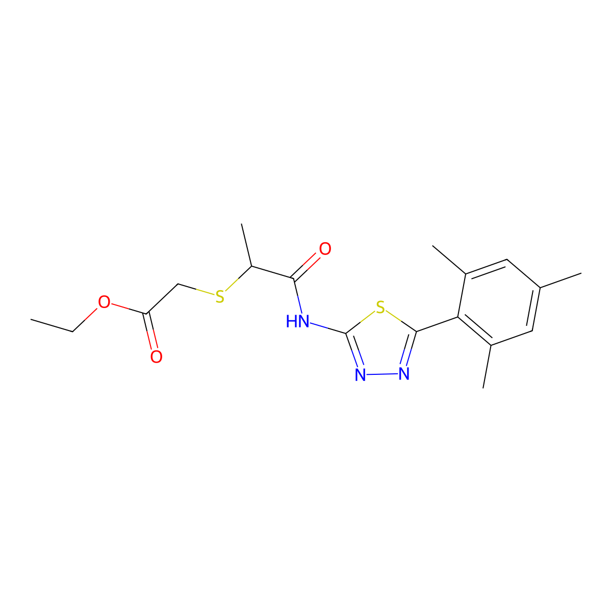 Ethyl 2-((1-((5-mesityl-1,3,4-thiadiazol-2-yl)amino)-1-oxopropan-2-yl)thio)acetate molecular structure, CAS 394235-81-5