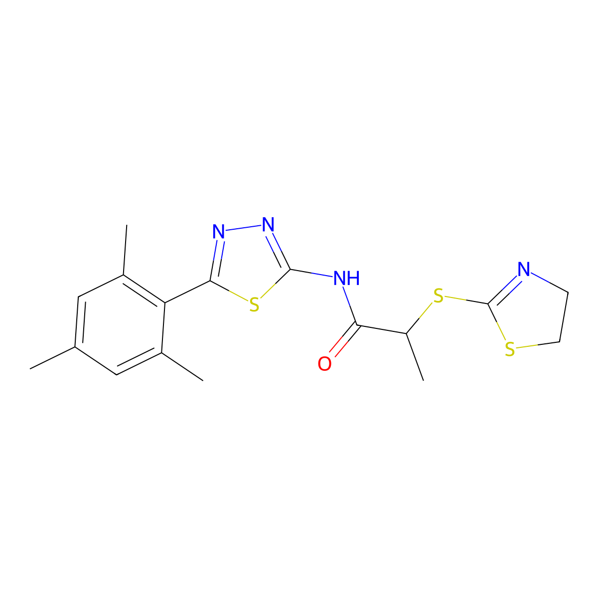 2-(4,5-dihydro-1,3-thiazol-2-ylsulfanyl)-N-[5-(2,4,6-trimethylphenyl)-1,3,4-thiadiazol-2-yl]propanamide molecular structure, CAS 394235-83-7