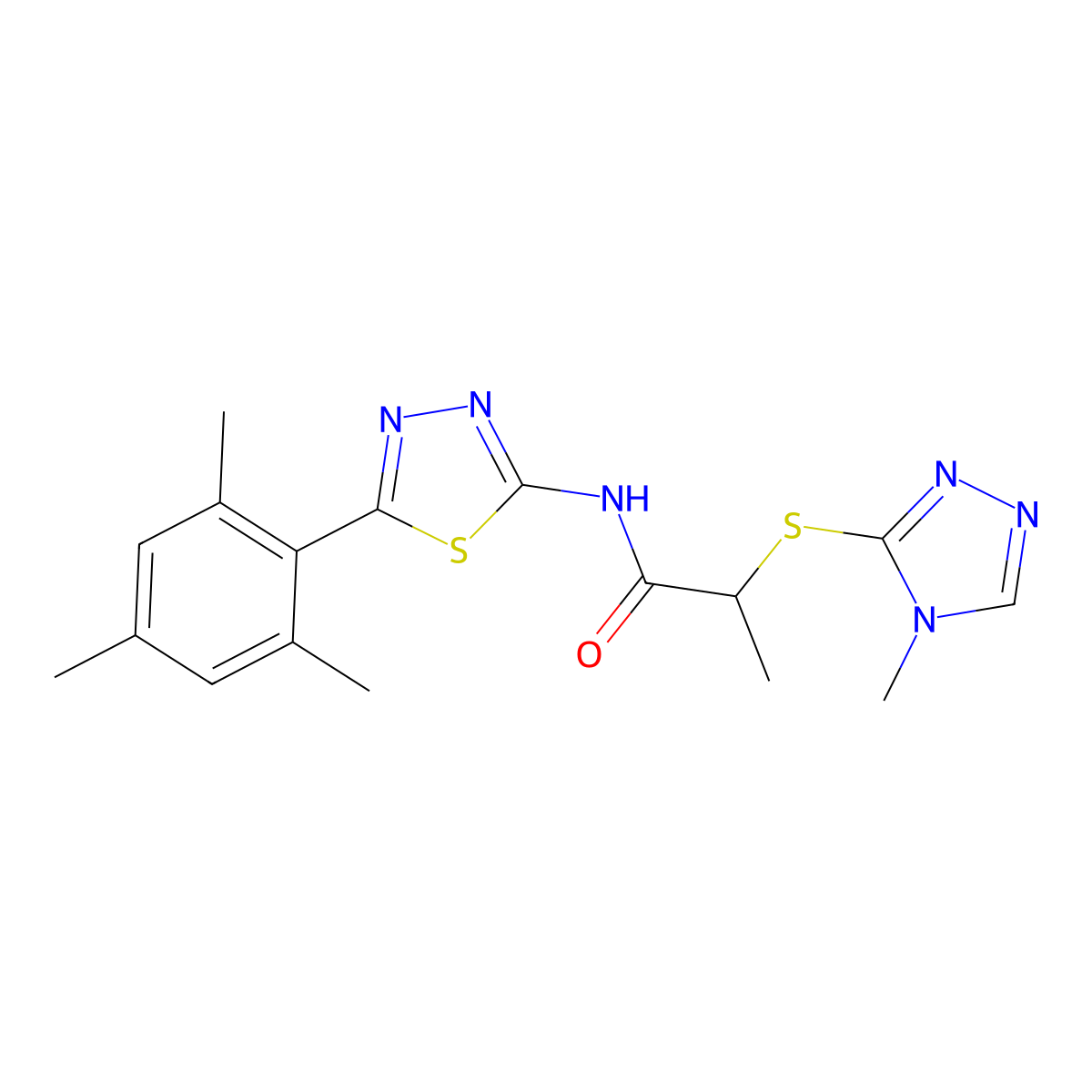 N-(5-mesityl-1,3,4-thiadiazol-2-yl)-2-((4-methyl-4H-1,2,4-triazol-3-yl)thio)propanamide molecular structure, CAS 394235-84-8