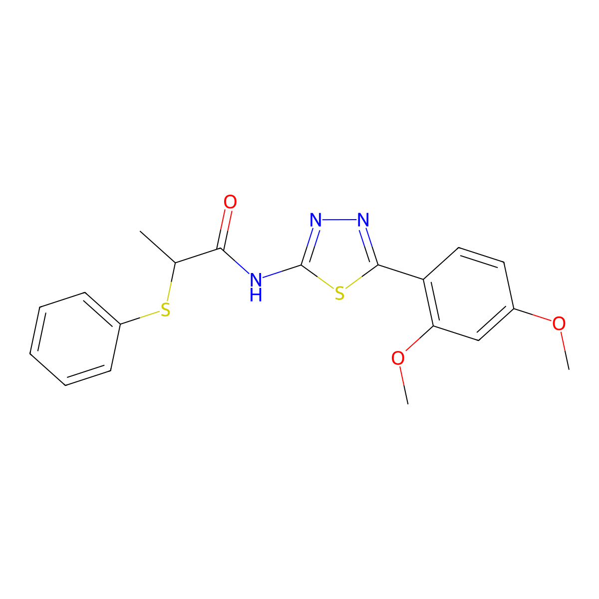 N-(5-(2,4-dimethoxyphenyl)-1,3,4-thiadiazol-2-yl)-2-(phenylthio)propanamide molecular structure, CAS 394235-98-4