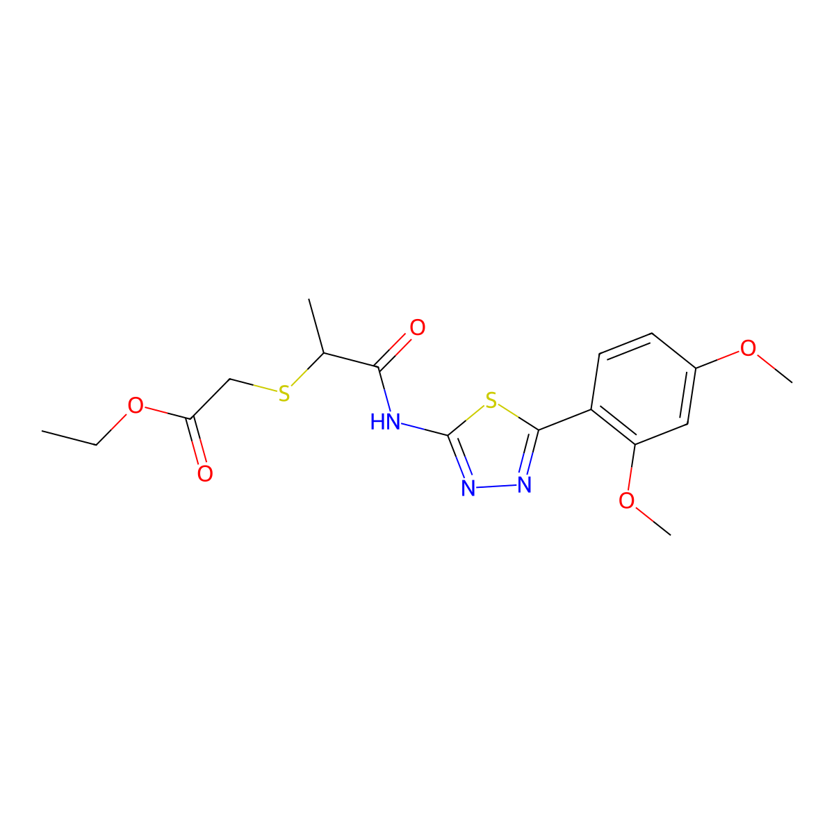 Ethyl 2-((1-((5-(2,4-dimethoxyphenyl)-1,3,4-thiadiazol-2-yl)amino)-1-oxopropan-2-yl)thio)acetate molecular structure, CAS 394236-01-2