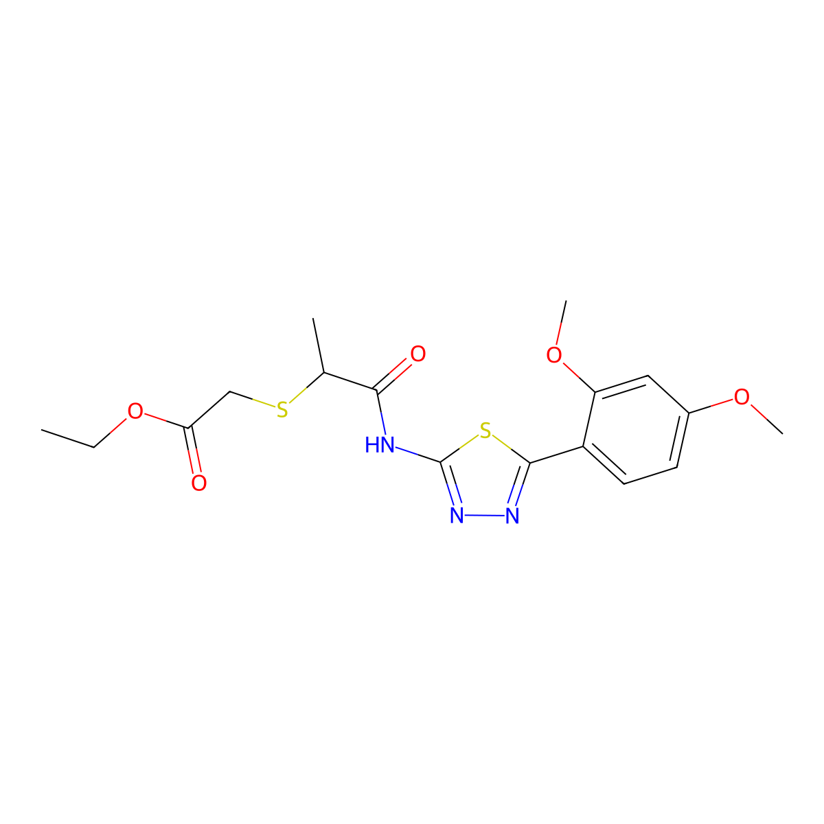 Ethyl 2-((1-((5-(2,4-dimethoxyphenyl)-1,3,4-thiadiazol-2-yl)amino)-1-oxopropan-2-yl)thio)acetate molecular structure, CAS 394236-01-2